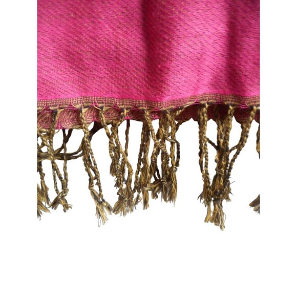 Fuchsia Brown Gold Ornate Paisley rectangle woven scarf w/ knotted fringe - Picture 3 of 3